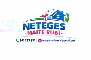 Neteges Maite Rubi logo with house, spray bottle, and contact information for cleaning services